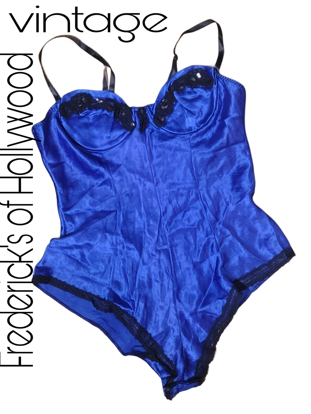 Frederick's of Hollywood Vintage 80s/ 90s Blue Satin Lace Teddy Bodysuit